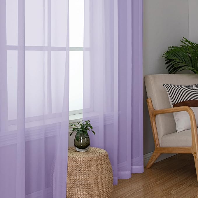 Chyhomenyc Lilac Sheer Curtains 108 Inches Long - Light Filtering Voile Extra Long Panel Drapes for Floor to Ceiling Window, Elegant Soft Living Room Curtains, Each 42Wx108L Inch, 9FT, 2 Panels