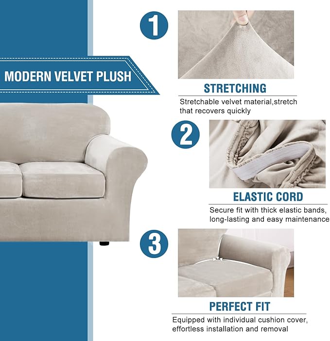 H.VERSAILTEX Modern Velvet Plush 4 Piece High Stretch Sofa Slipcover Sofa Cover Furniture Protector Form Fit Luxury Thick Velvet Sofa Cover for 3 Cushion Couch Width Up to 90 Inch (Sofa, Oatmeal)