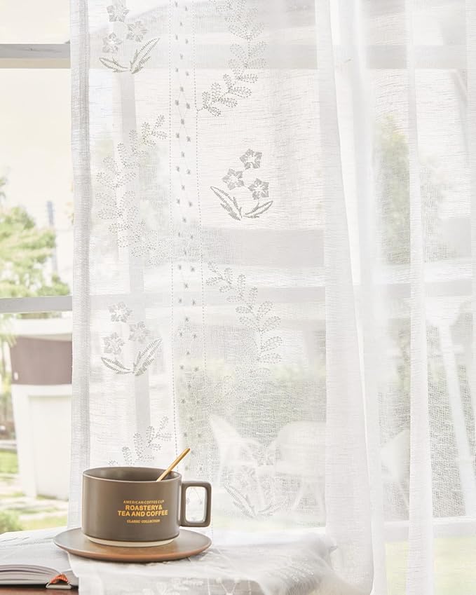 jinchan Belrose Linen Sheer Curtains for Living Room 63 Inch Length Sheer Voile Embroidered Floral Curtains for Bedroom Light Filtering Rod Pocket Window Treatments Farmhouse Decor 2 Panels White