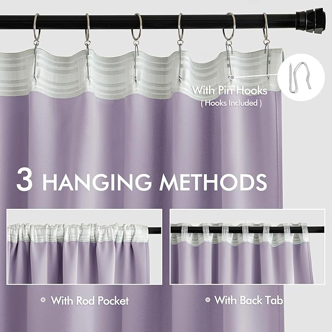 MIULEE Lilac Back Tab Blackout Curtain 96 Inch Long 2 Panels Set for Bedroom, Rod Pocket/Pinch Pleat Thermal Insulated Living Room Darkening Pleated Light Blocking Floor to Ceiling Drape