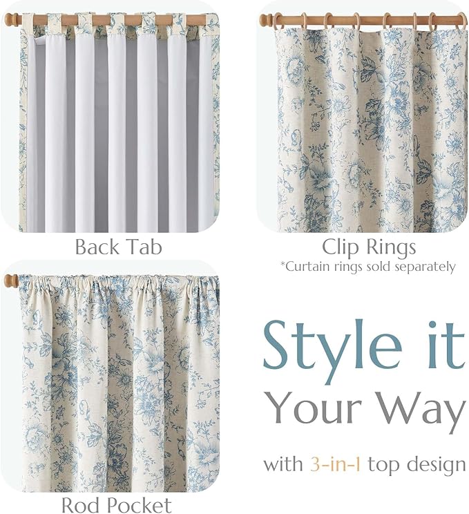 jinchan Blackout Floral Curtains for Living Room Bedroom Linen Blend Curtain Farmhouse Blue Printed with Lined Back Tab Rod Pocket Drapes Window Treatments 2 Panels 84 Inch