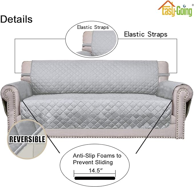 Easy-Going Reversible Oversized Couch Cover for 3 Cushion Couch Sofa Cover for Dogs Water Resistant Furniture Protector Cover with Foam Sticks for Pet (Oversized Sofa, Light Gray/Ivory)