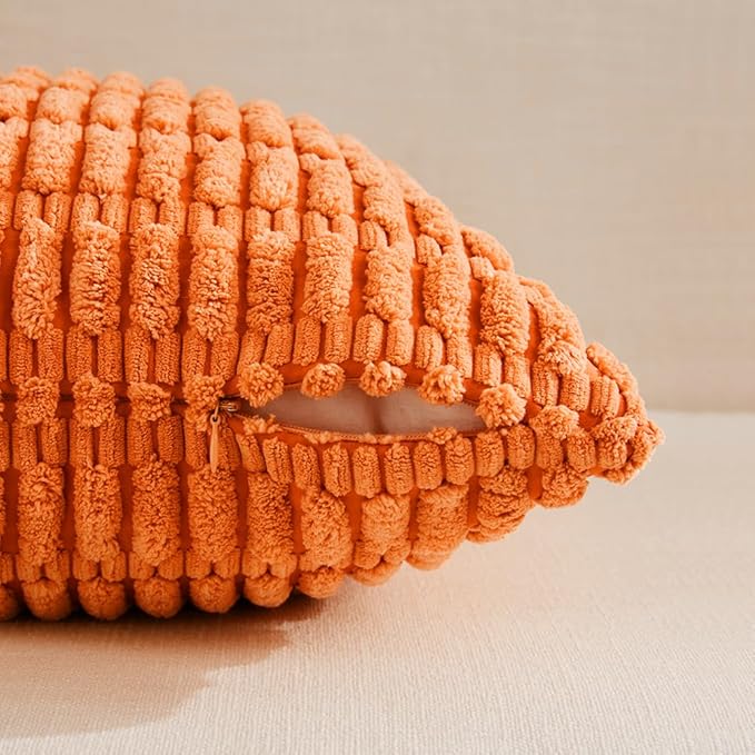 Fancy Homi 4 Packs Orange Fall Decorative Throw Pillow Covers 24x24 Inch for Couch Living Room Bed Sofa, Halloween Pumpkin Autumn Home Decor, Soft Cute Plush Corduroy Striped Cushion Case 60x60 CM
