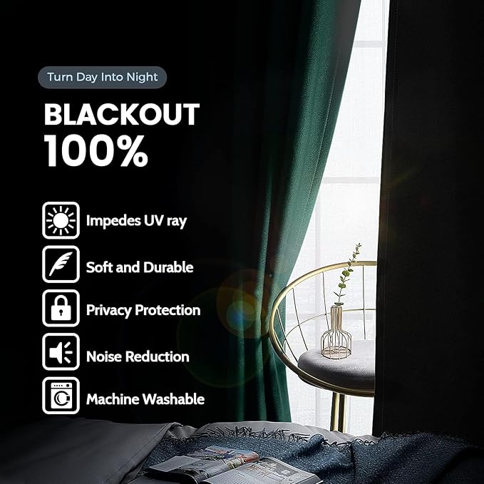 SimpleHome 100% Blackout Curtains for Bedroom,Thermal Insulated Dark Green Grommet Window Drapes Room Darkening Curtains for Living Room with Black Back,42 x 45 Inch,2 Panels