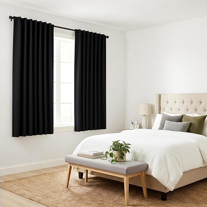 PONY DANCE Small Window Curtains 2 Panels Set, Half Window Rod Pocket Privacy Curtain Tiers for Kitchen Bathroom Basement Cafe Cabinet Tiers Drapes, W42 x L36 Inch, Black