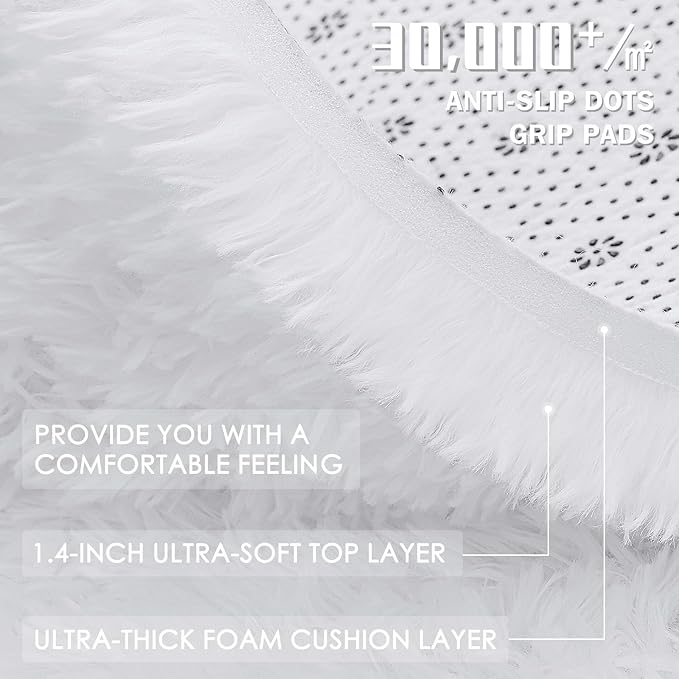 OLANLY 5x5 Area Rugs for Living Room Bedroom, Machine Washable Soft Fluffy Shaggy Bedside Rug, Indoor Floor Carpet for Kids Girls and Boys, Dorms, Nursery Rooms, Home Decor Aesthetic, White