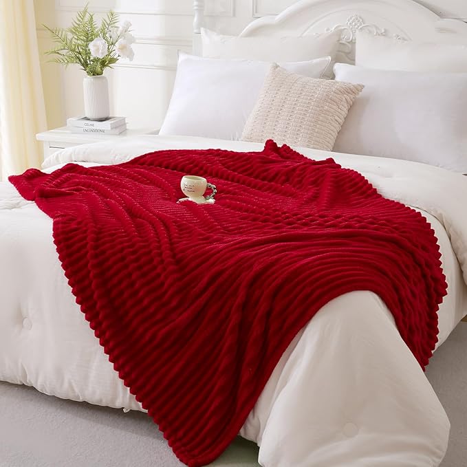 Red Fleece Throw Blanket 60”×80” for Couch Sofa Bed,Super Soft Cozy Plush Microfiber Flannel Blanket with Stripes Design Lightweight for Adults,Woman,Girls