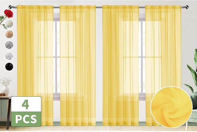 SpaceDresser Yellow Sheer Curtains 4 Panels Rod Pocket Semi-Sheer Curtain 108 Inches Long Light Filtering Voile Window Drapes for Bedroom Living Room Kitchen, Each 52W x 108L