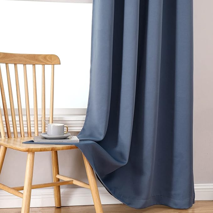 ChrisDowa 100% Blackout Curtains 63 inch Long for Bedroom with Black Liner, 2 Thick Layers Total Blackout Thermal Insulated Grommet Window Curtains 2 Panels Set (Stone Blue, 38 x 63 Inch)