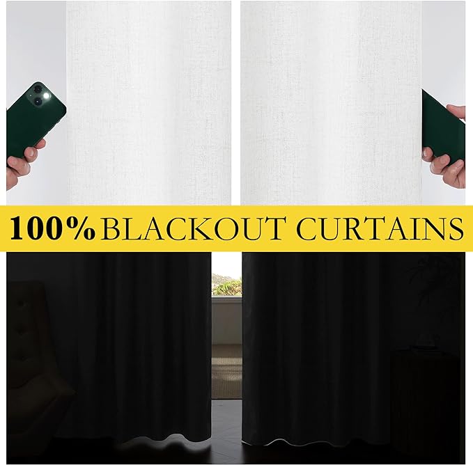 NICETOWN 100% Absolutely Blackout Linen Curtains with Thermal Insulated Liner, Greyish White, 62" Wide, 120" Length Energy Saving Curtains for Living Room 2 Panels Set, Vertical Blinds
