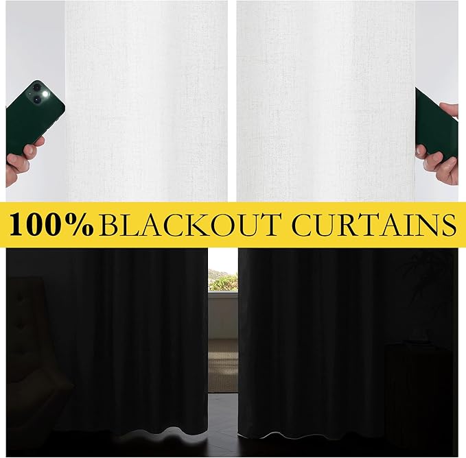 NICETOWN 100% Absolutely Blackout Linen Curtains with Thermal Insulated Liner, Greyish White, 52" Wide, 120" Length Energy Saving Curtains for Living Room 2 Panels Set, Vertical Blinds