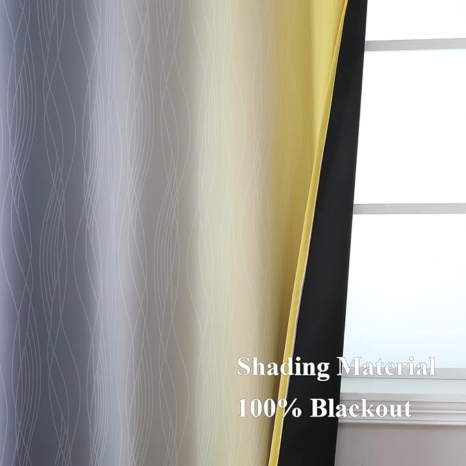 Ombre Gray and Yellow Blackout Curtains 63 Inch Length 2 panels, Full Room Darkening Curtains for Kids Room, Grommet Thermal Insulated Gradient Drapes, Light Blocking Curtains for Bedroom, 52x63 Inch