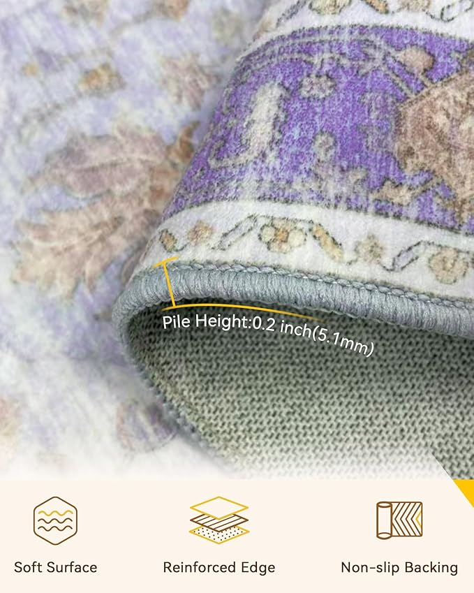 RELEANY Area Rugs 3'x5' Washable Non-Slip, Floral Vintage Distress Print Pattern Medallion Carpet for Living Room Bedroom Dining Room, Light Purple Brown