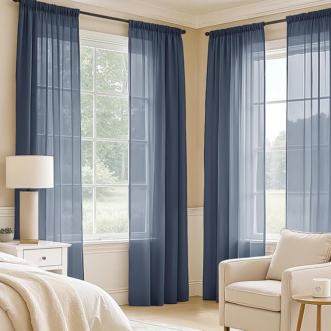 MIULEE Navy Blue Sheer Curtains 90 Inches Long, 4 Panels Set, Light Filtering Rod Pocket Voile Drapes Window Treatments, Semi Transparent Airy Fabric for Bedroom and Living Room, 42 x 90 Inches