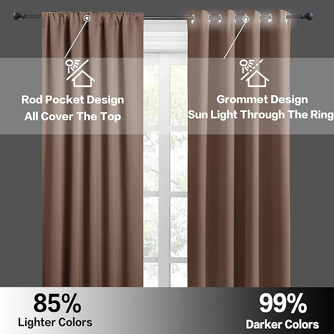 RYB HOME Short Blackout Curtains for Small Window, Sunmmer Heat Light Blocking Privacy Protection Curtains for Sunroom Laundry Room Stair Window, Width 52 by Length 36, Mocha, Set of 2