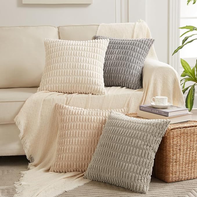 Fancy Homi 4 Packs Neutral Euro Decorative Throw Pillow Covers 26x26 Inch for Living Room Couch Bed Sofa, Rustic Farmhouse Boho Home Decor, Soft Plush Striped Corduroy Square Cushion Case 66x66 cm
