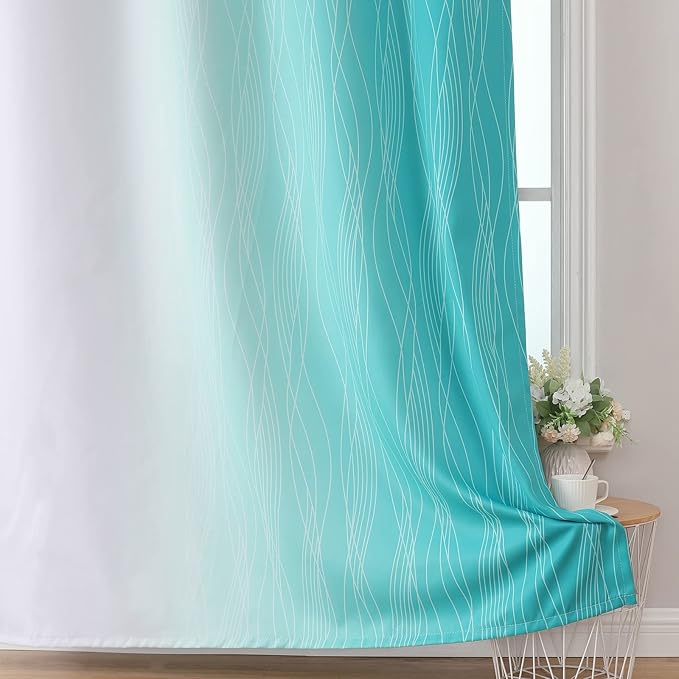 Estelar Textiler Teal and Grayish White Blackout Curtains 108 Inches Long, Thermal Insulated Drapes for Bedroom, Full Light Blocking Energy Saving Long Curtains for Living Room, 52Wx108L, 2 Panels