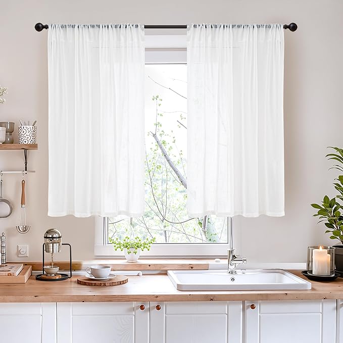 BGment 40 Inches Long White Linen Curtains for Kitchen Cafe Window - Semi Sheer Short Length Drapes with Rod Pocket Light Filtering for Bedroom Bathroom Lightweight, 2 Panels Set, 42 X 40 Inch