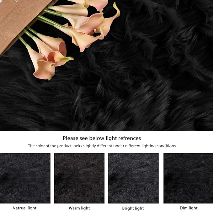 ORINOVA Black Fuzzy Faux Sheepskin Shaggy Fur Rugs for Bedroom Machine Washable Furry Rug 4x6 Area Rugs for Nursery Decor