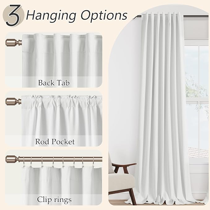 Guken White 100% Blackout Linen Curtains 80 Inch Length 2 Panels Set for Living Room Bedroom Back Tab Thermal Insulated Black Out Linen Drapes 80 Inches Long