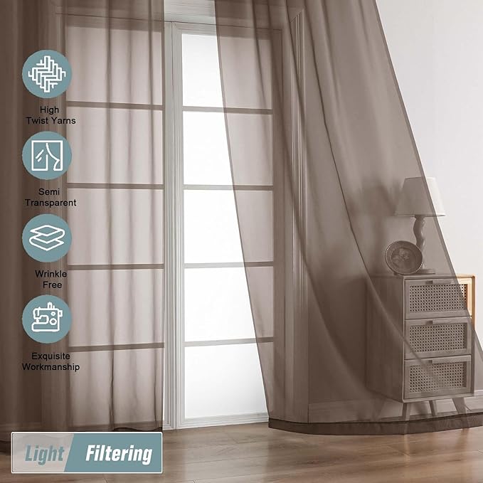 Chocolate Sheer Curtains 90 Inches Long 2 Panels, Light Filtering Solid Sheer Curtains for Bedroom Living Room, Lightweight Window Voile Sheer Drapes, Dual Rod Pocket, 2x42Wx90L Inches