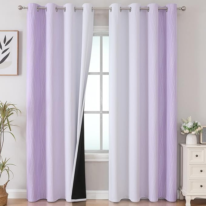 Estelar Textiler Lilac and Greyish White Blackout Curtains 96 Inches Long, Full Room Darkening Grommet Curtains for Bedroom, Thermal Insulated Ombre Blackout Drapes for Living Room, 52Wx96L, 2 Panels