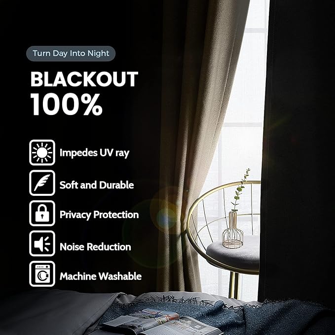 SimpleHome 100% Blackout Curtains for Bedroom,Thermal Insulated Grommet Window Drapes Room Darkening Beige Curtains for Living Room with Black Back,42 x 63 Inch,2 Panels