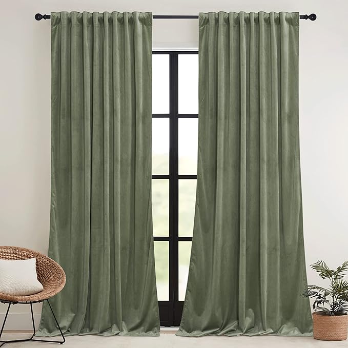 RYB HOME Sage Green Velvet Curtains with Hook Tape, Thermal Insulated Privacy Protect Decorative Room Divider Drapes for Home Theater, W 62 x L 90 inches, 2 Panels Set