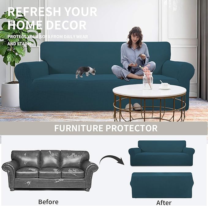 Easy-Going Stretch Oversized Sofa Slipcover 1-Piece Sofa Cover Furniture Protector Couch Soft with Elastic Bottom for Kids, Polyester Spandex Jacquard Fabric Small Checks Deep Teal