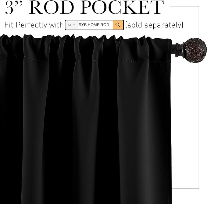 RYB HOME Black Blackout Curtains for Bedroom Living Room 72 inches Long, Thermal Insulated Privacy Rod Pocket Drapes for Nursery Office Home Theater, Width 42 by Length 72, 2 Panels