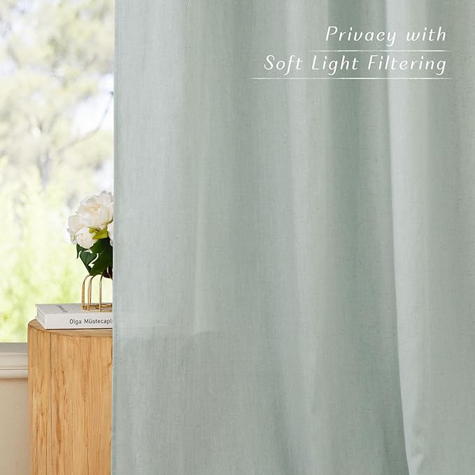 NICETOWN Thick Linen Sage Green Curtains 90 inches Long, Grommet Flax Linen Blend Window Treatments Privacy with Light Filtering Drapes for Bedroom/Kids Room, W55 x L90, 2 Panels