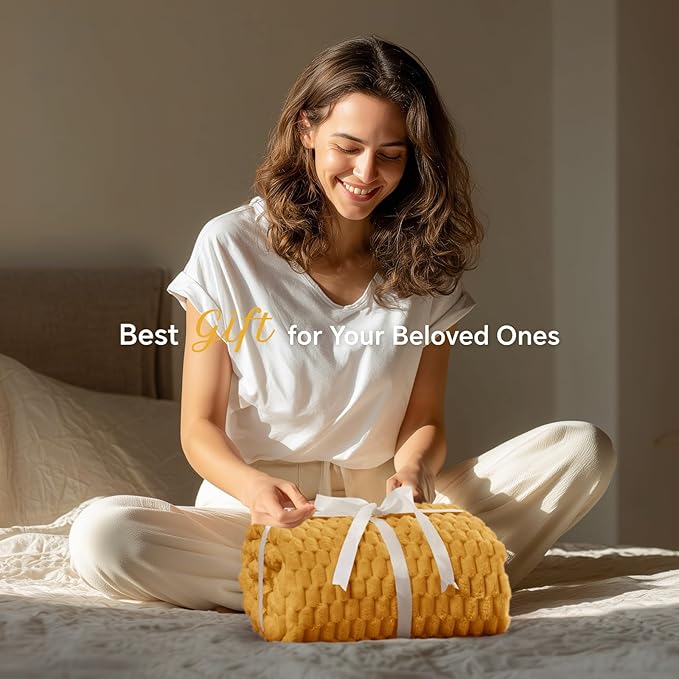 BEDELITE Fleece Blanket - 3D Jacquard Decorative Mustard Yellow Throw Blankets for Couch & Bed, Soft and Cozy Warm Plush Fluffy Blanket All Seasons Suitable, 50x60Inches