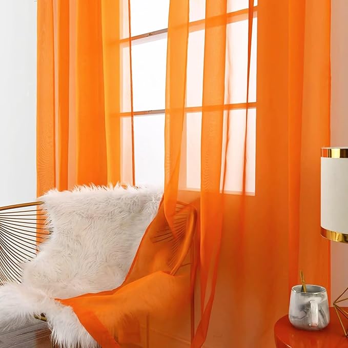 SpaceDresser Orange Sheer Curtains 4 Panels Rod Pocket Semi-Sheer Curtain 63 Inches Long Light Filtering Voile Window Drapes for Bedroom Living Room Kitchen, Each 52W x 63L