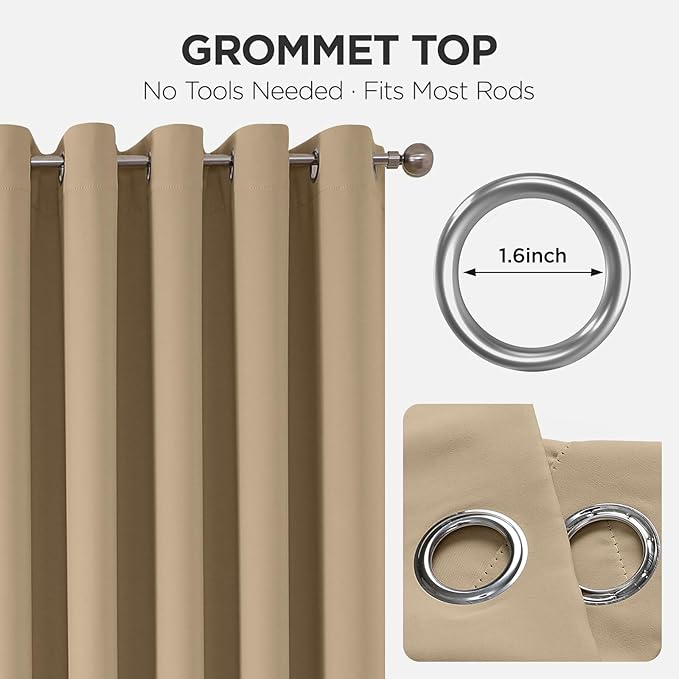 Joydeco Blackout Patio Sliding Door Curtains 90 Inches Long, Grommet Privacy Room Divider Curtains, Extra Wide Thermal Blackout Drapes for Bedroom Living Room (Light Beige, 60Wx90L, 1 Panel)