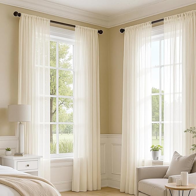 MIULEE Butter Cream Sheer Curtains 63 Inches Long, 4 Panels Set, Rod Pocket Voile Drapes Light Filtering and Semi Transparent, Elegant Window Treatments for Bedroom Living Room,42 x 63 Inches