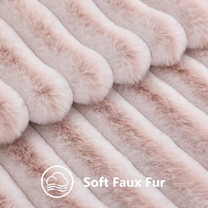 decorUhome Summer Cozy Faux Fur Throw Pillow Covers 24x24 Set of 2 Decorative Plush Striped Modern Farmhouse Boho Couch Euro Sham Pillow Cases with Velvet Back for Sofa Bed Living Room, Pink White