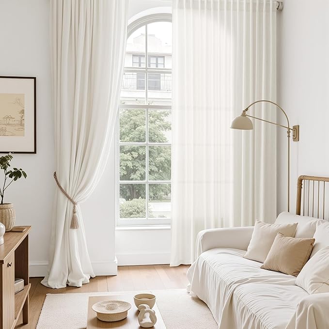 Nanspring Neutral Linen Curtains 108 Inches Long for Living Room Linen Sheer Curtain Back Tab Coastal Modern Farmhouse Floor to Ceiling Drapes for Bedroom Office High Window 52x108, 2 Panels