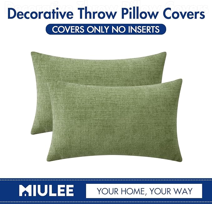 MIULEE Pack of 2 Couch Throw Pillow Covers 14x24 Inch Spring Soft Sage Green Chenille Lumbar Pillow Covers for Sofa Living Room Solid Dyed Cases