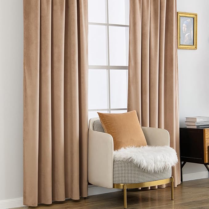 MIULEE Blush Beige Velvet Curtains 84 inches - Luxury Blackout Curtains for Bedroom Living Room Thermal Insulated Super Soft Window Drapes Rod Pocket & Back Tab, W52 x L84 inches, 2 Panels