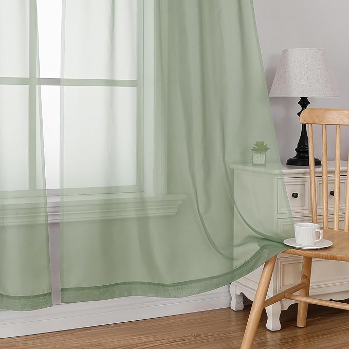Simplebrand Sage Tier Curtains for Kitchen 24 Inches Long 2 PaSet, Rod Pocket Cafe Curtain Light Filtering Sheer Short Curtains for Bathroom/Basement Half Window 42 x 24 Inch, 2Pcs, Sage