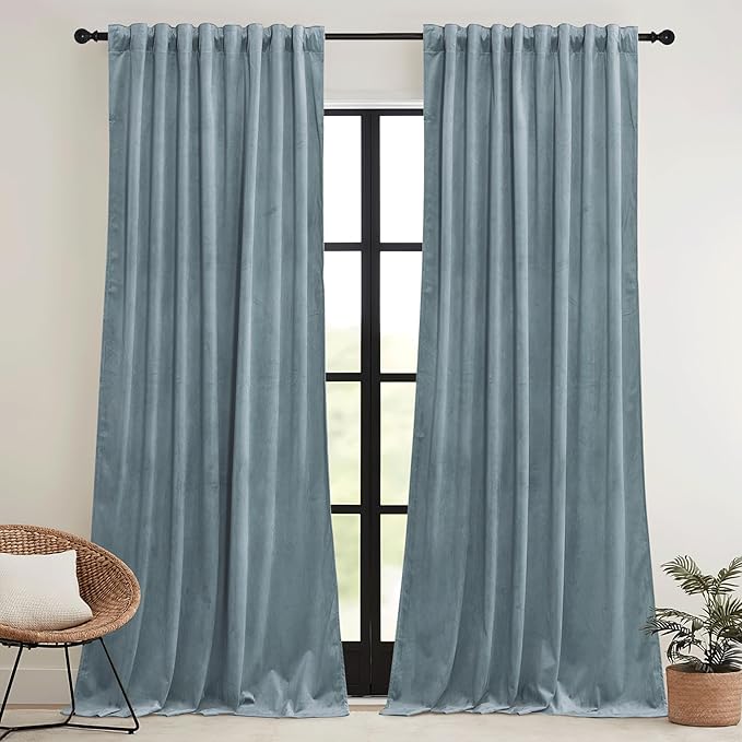 RYB HOME Stone Blue Velvet Curtains 90 inches Long - Blackout Curtains for Nursery Thermal Insulated Noise Reducing Soft Luxury Window Decor for Boy Baby, W52 x L90 inches, 2 Panels