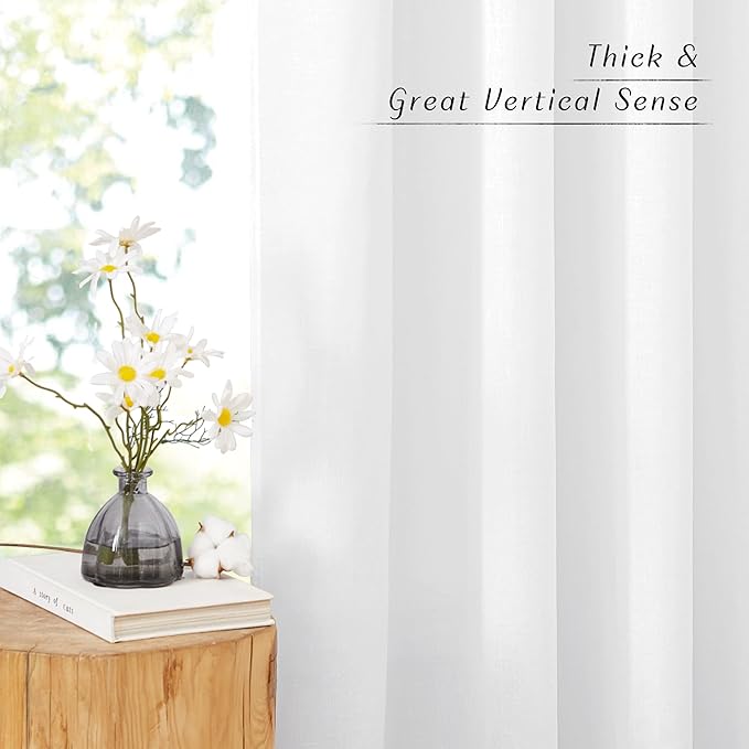 NICETOWN White Linen Short Curtains for Kitchen 48 inches Long, Grommet Top Privacy Added Drapes with Light Filtering Window Treatments for Kids Room, W42 x L48, 2 Panels