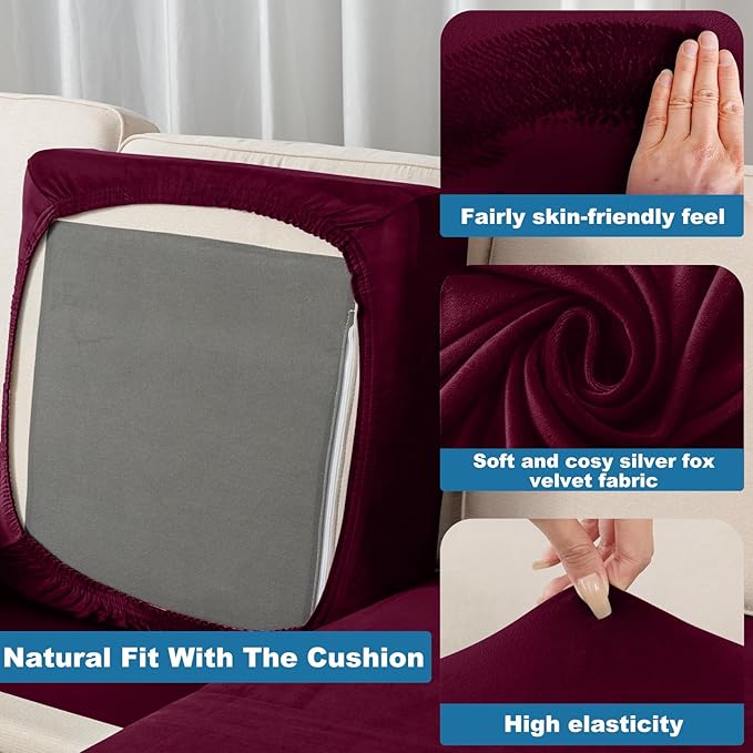 Couch Cover Stretch Velvet Sofa Cushion Cover 1-Piece - Elastic Washable Slipcover for Seat or Backrest, Couch Seat Covers for Sofas (Wine)