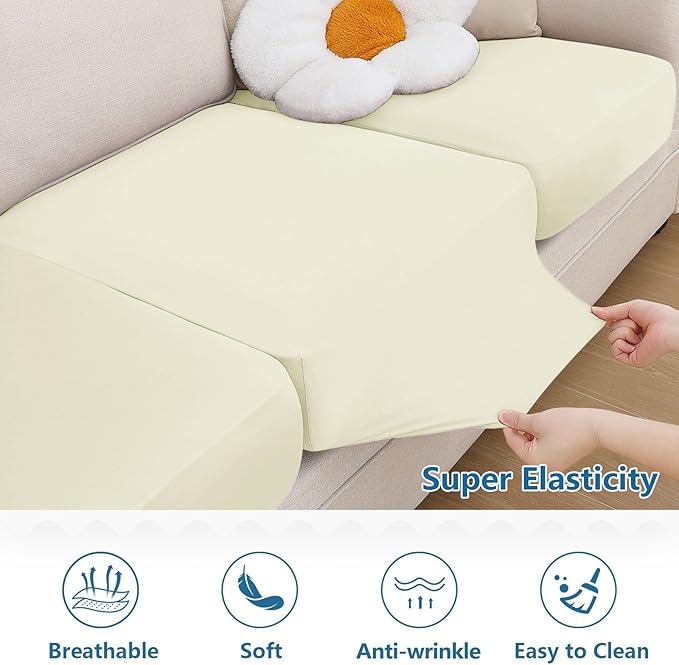 hyha Milk Silk Couch Cushion Covers, Soft Magic Sofa Covers Washable for 2 Cushion Couch, Stretch Sectional Outdoor Cushion Covers for Patio Furniture with Elastic Bottom(Medium, Cream)