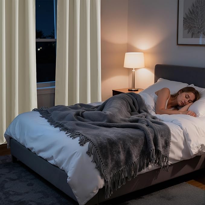 RYB HOME Bedroom Blackout Curtains 72 inches Long, 100% Blackout Thermal Insulated Noise Reducing Curtains for Living Room Nursury, 34 inches Wide by 72 inches Long, Natural