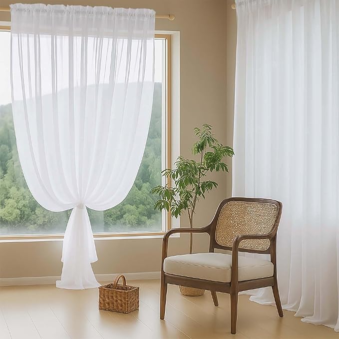 White Sheer Curtains for Window 96 Inches Long 2 Panels Set, Soft Airy Light Filtering Voile Sheer Curtains for Living Room Bedroom, Dual Rod Pocket Elegant Window Drapes, 2x42Wx96L Inches
