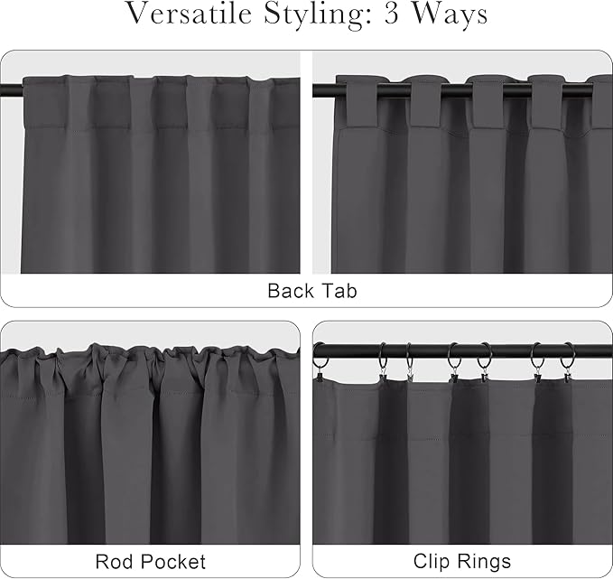 PONY DANCE Short Curtains Half Window Curtains for Bedroom, Privacy Blackout Energy Saving Drapes for Living Room Bathroom Shades, Wide 34 x Long 24 inches per Panel, Grey, 2 Pcs
