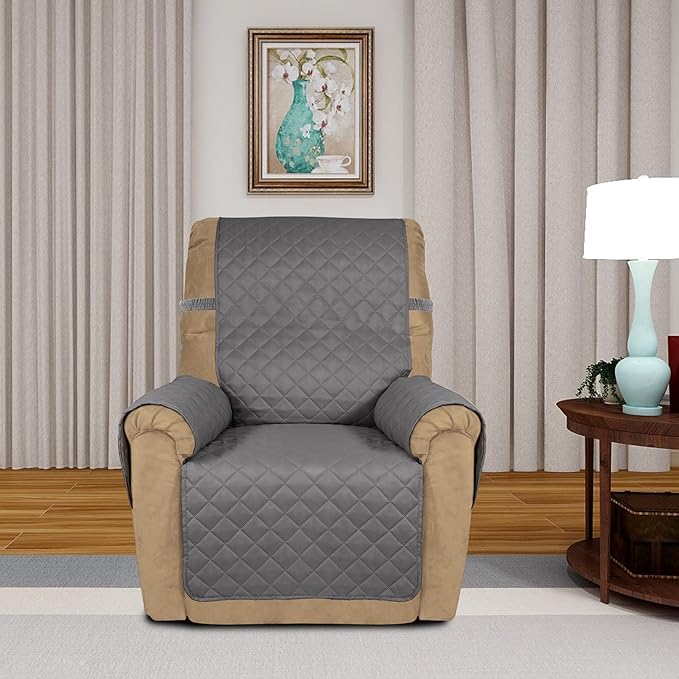 PureFit Reversible Quilted Sofa Cover, Water Resistant Slipcover Furniture Protector, Washable Couch Cover with Non Slip and Elastic Straps for Kids, Dogs, Pets (Small Recliner, Gray/Gray)