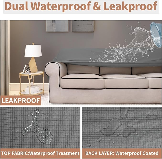 Easy-Going 100% Waterproof Oversized Chair Couch Cover, Dual Waterproof Sofa Cover, Stretch Jacquard Sofa Slipcover, Leakproof Furniture Protector for Kids, Pets, Dog and Cat, Grey