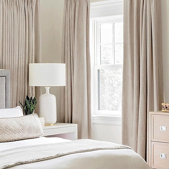 MIULEE 100% Blackout Linen Textured Curtains for Bedroom Solid Thermal Insulated Natural Beige Grommet Room Darkening Curtains & Drapes Luxury Decor for Living Room Nursery 52 x 80 Inch (2 Panels)